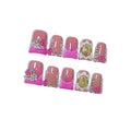 10pcs Pink French Tips Press On Nails Sweet Style, Short Duckbill Nails with Rhinestones, Metal Decor & 3D Floral Embossing, Glossy Icy Finish, Reusable Fake Nails Easy to Apply (Size S)