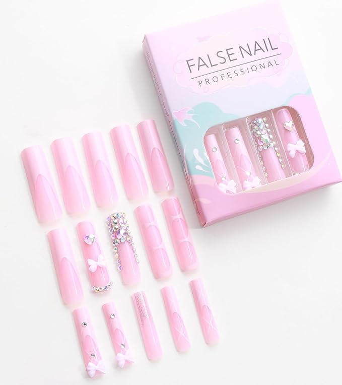 Press on Nails Square - Extra Long Fake Nails with 3D Rhinestones and Bows, Pink French Tips Cute False Nail, Stick On Nails for Women, 12 Sizes - 24 Nail Kit, Candy Ballet