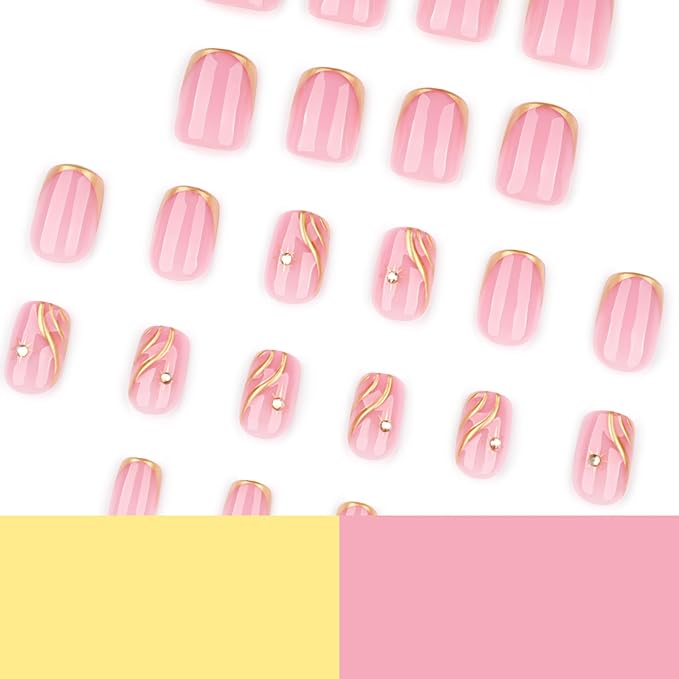 Press on Nails Square Fake Nails French Tip False Nails with Gold Line Star Design Glue on Nails Press ons Short Acrylic Nail Glossy Full Cover Stick on Nail for Women Manicure 24Pcs