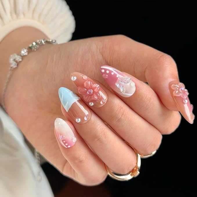 French Press on Nails Handmade Almond Nails with Glue,Nude Medium Fake Nails with 5D Flower Art ＆ Pearl Design Muti-Layer Gel Handmade Nail Acrylic Nature False Nails for Wome (Size S)