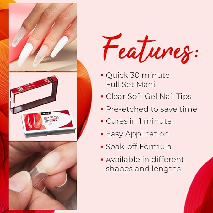 IBD Clear Soft Gel Nail Tips - Long Coffin Shape, Pre-Etched Fake Nail Extensions, Lightweight and Durable Acrylic Press On Nails, 504 Tips, 1-Pack