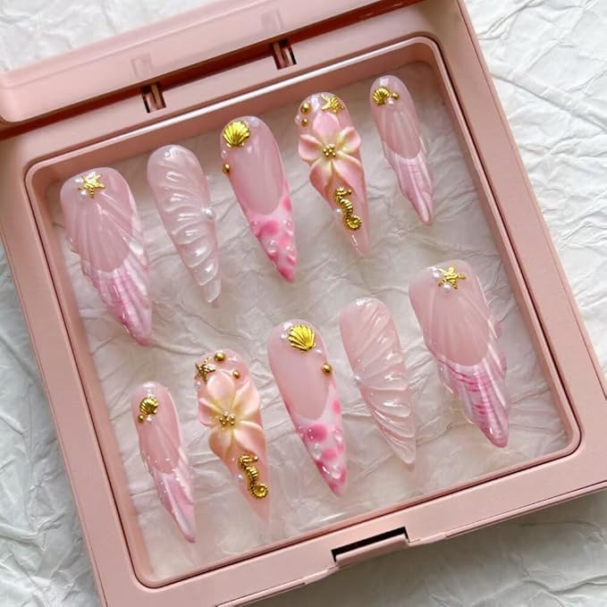 10Pcs Press On Nails - MAGLFELL Handmade Stiletto Pink Fake Nails, 3D Pink Carved Flower, and Gold Plated Accessories Design, Reusable Artificial False Nails for Women Acrylic Nails Kit (Size M)