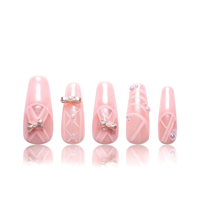 LOVFUL Press on Nails Tiptoe Ballet | Handmade with Full Covered Crystals | Reusable Full Cover Nails | Coffin Classic Regular 1.3 in | H291-L