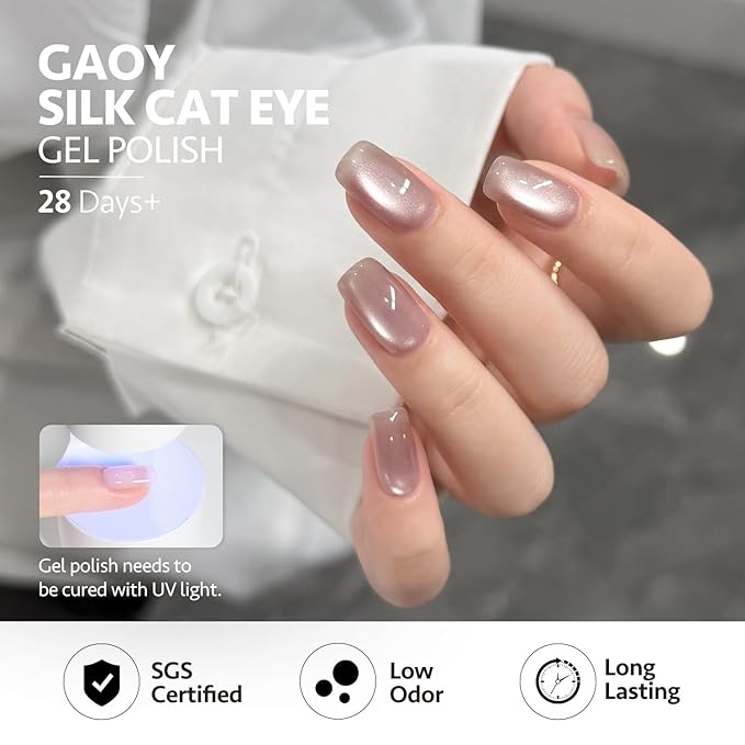 GAOY Peach Blossom Cat Eye Gel Polish, Sheer Nude Pink Base with Glass Bead Holography, Magnetic DIY Nail Kit Salon Quality at Home