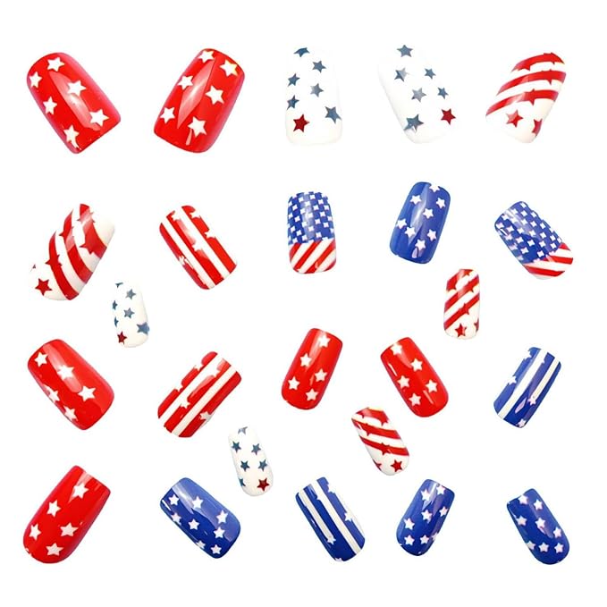 4th of July Press-On Nails Medium Square 24 Pcs Acrylic False Nails with Stars, Red, White Stripes Designs, Glossy Finish