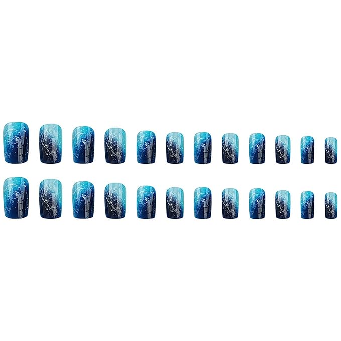 RTKHFZE Press on Nails Medium,Blue Press on False Nails,Square Fake Nails, Medium Nails Press Ons,with Designs Acrylic Nail,Full Cover Glue on Nail for Women Manicure