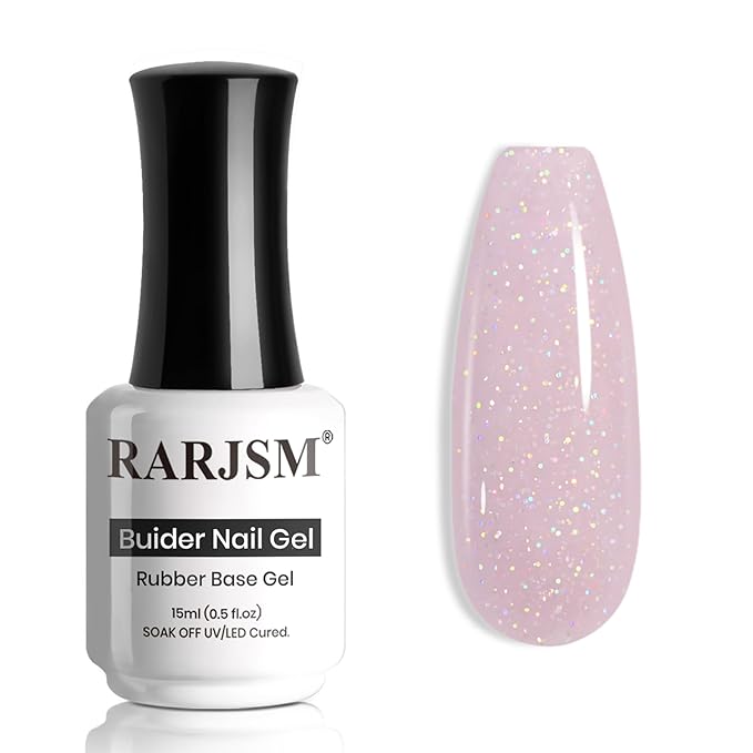 RARJSM Glitter Rubber Base Gel Nail Polish Nude Gray Purple Pink Rubber Base Rainbow Iridescent Shimmer Brush on Extend Builder Hard Gel Soak Off Curing Requires 15ml Salon Home French Manicure