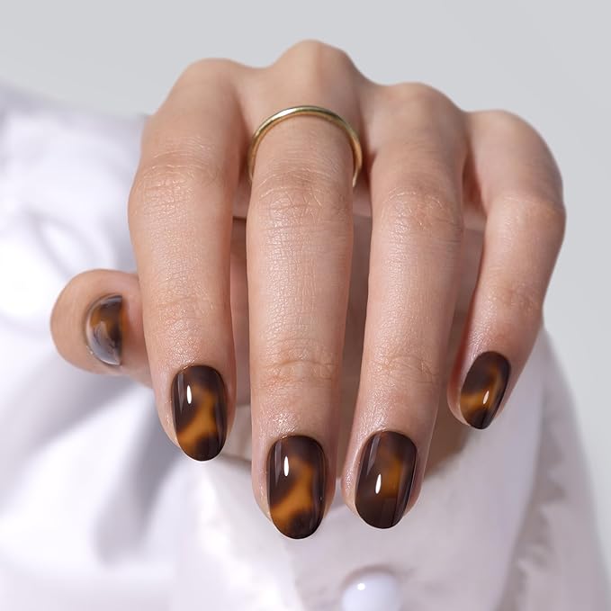 Tortoise Shell Press on Nails Short - SHANGMENG Soft Gel Oval Press on Nails for Women, Seamless Fit & Glossy Glue on Nails 16 Sizes - 32 Reusable Fake Nails Kit with Glue, Amber Memory
