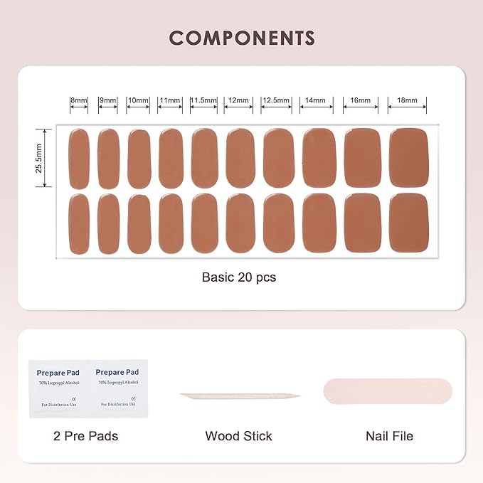 Semi Cured Gel Nail Strips – Real Gel Nail Polish Wraps for Brittle Nails | Waterproof Long Lasting Easy Peel-Off Removal | Hema-Free | 20-Piece Warm Brown Salon Kit with UV Lamps