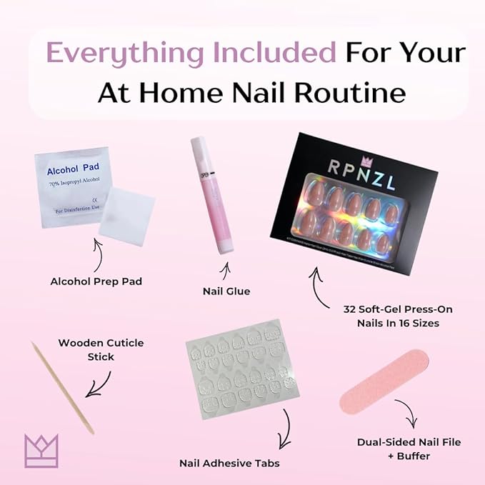 Press On Nails - Silk Blush | Pearl Chrome Nude Medium Almond Fake Nails, Salon Quality | 32 Nails, 16 Sizes Kit with Glue and Adhesive Tabs I Female Founded - Beauty, Self Care