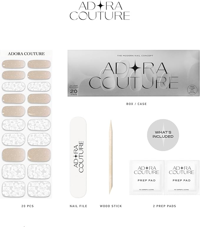 Semi Cured Gel Nail Strips with 20 Pieces - UV Gel Stickers, Manicure Kit, Easy Application Wraps Includes Prep Pads, Nail File, Wooden Stick - UV Light Required (Glazed Petals)