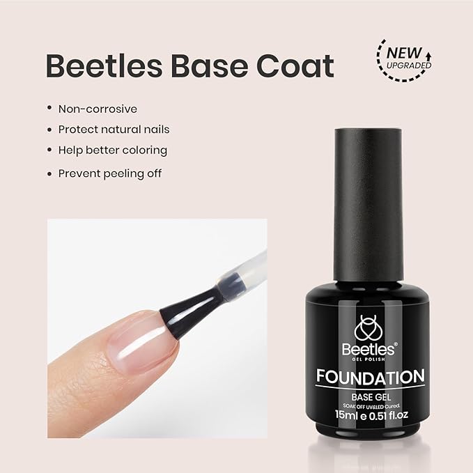 Beetles Gel Polish Base Gel Top Coat Set, 2Pcs 15ML Clear Base and No Wipe Top Coat Soak Off UV LED Glossy Shine Finish Long Lasting DIY Nail Salon Manicure Gift for Women