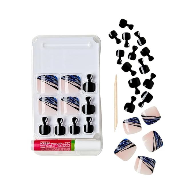 GoldFinger Trendy Press On Fake Toenail Kit Wider Fit, Abstract Sprinkle Print & Elegant Black Color, Ready to Wear Gel & Manicure Stick, Mini Glue included, Long-Lasting Convenient & Easy to Apply