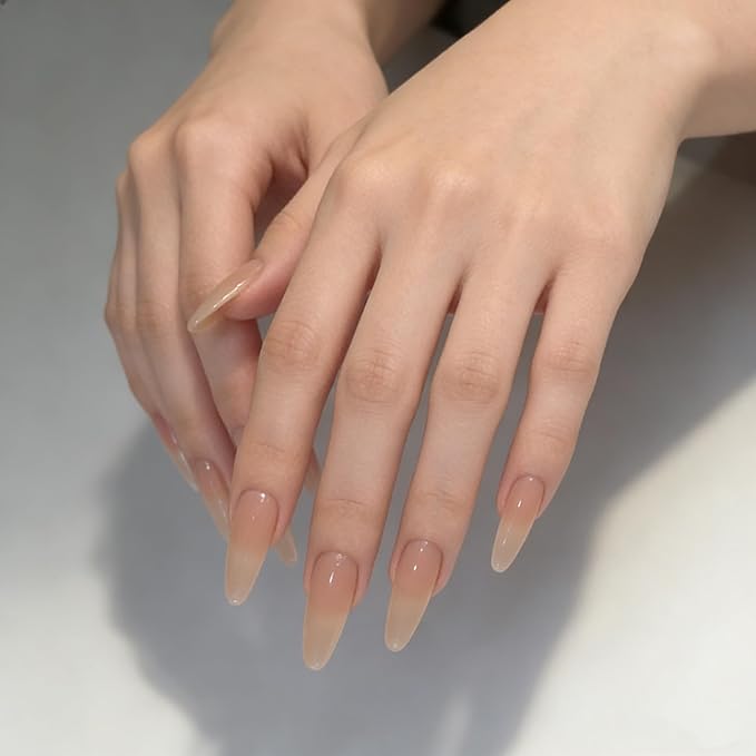 30PCS Elegant Nude Almond Press On Nails - Semi-Translucent Reusable Gel Fake Nails with Jelly Glue, Easy Apply & Remove, Salon-Quality Manicure for Women & Fashion Lovers