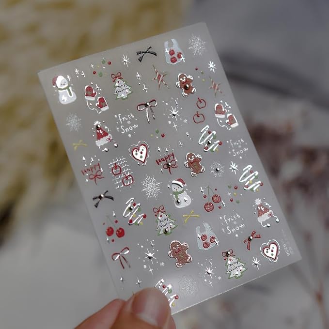 Christmas Nail Stickers 3D Self-Adhesive Santa Claus Snowman Nails Supplies Tree Bow Nails Decals Gingerbread Man Designs 5D Embossed Cute Red Cherry Nails Decoration for Women DIY Manicure 1 Sheet