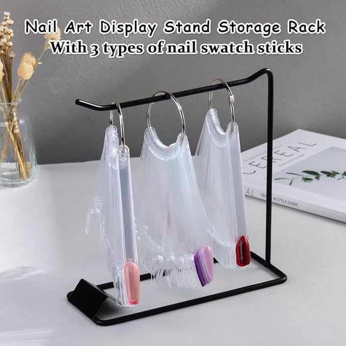 150 Pcs Nail Swatch Sticks with Ring & Nail Art Display Stand Storage Rack, Clear Ballerina Square Stiletto Nail Art Polish Color Display Practice Tips, Nail tech Supplies for Home or Salon Use