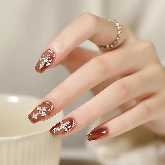 3D Cross Nail Charms for Nail Art, 60 Pcs Metal Crystal Cross Nail Decorations, Alloy Nail Studs and Rhinestones for Women Girl DIY Jewelry Crafts Supplies (Silver)