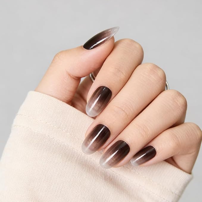 Black White Ombre Press on Nails, Medium Reusable & Natural Acrylic False Nails, Stick on Nails for Women Gift, Glue on Nails Kit 30 Pcs
