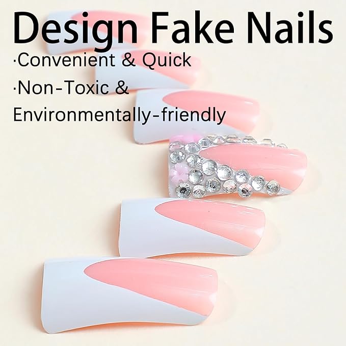 Handmade French Tip Fake Nails - Pink Full Cover Diamond Flower Designs, Glossy Glue On Nails for Women & Girls