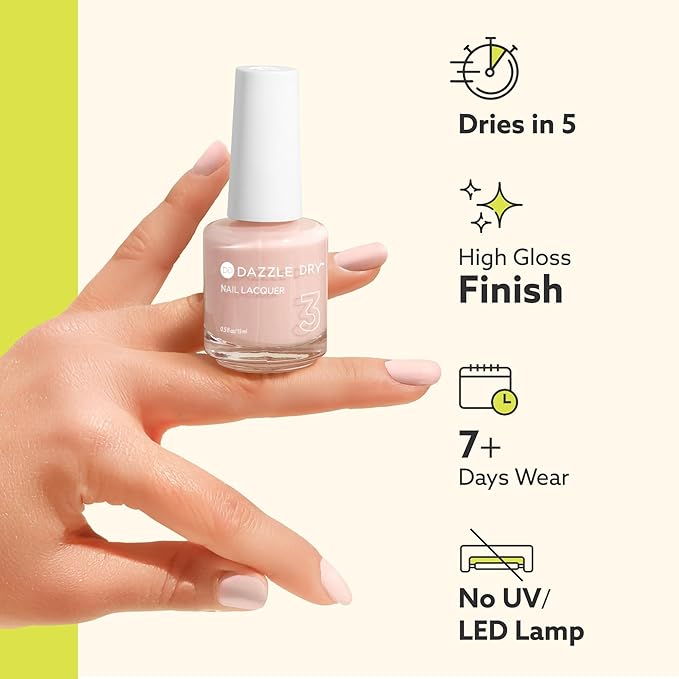 Dazzle Dry Nail Lacquer (Step 3) - Ready. Set. Pose. - A semi-sheer carnation pink. Semi-sheer cream. (0.5 fl oz)