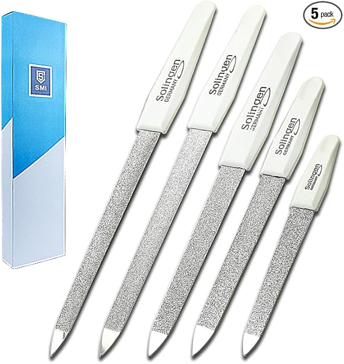 SMI 5 Pcs Solingen Germany Sapphire Metal Nail File Set + 1 Curved File - Fine and Coarse Nail Files - Double Sided Professional Manicure Pedicure Kit Best Nail File for Fingernail Toenail Care