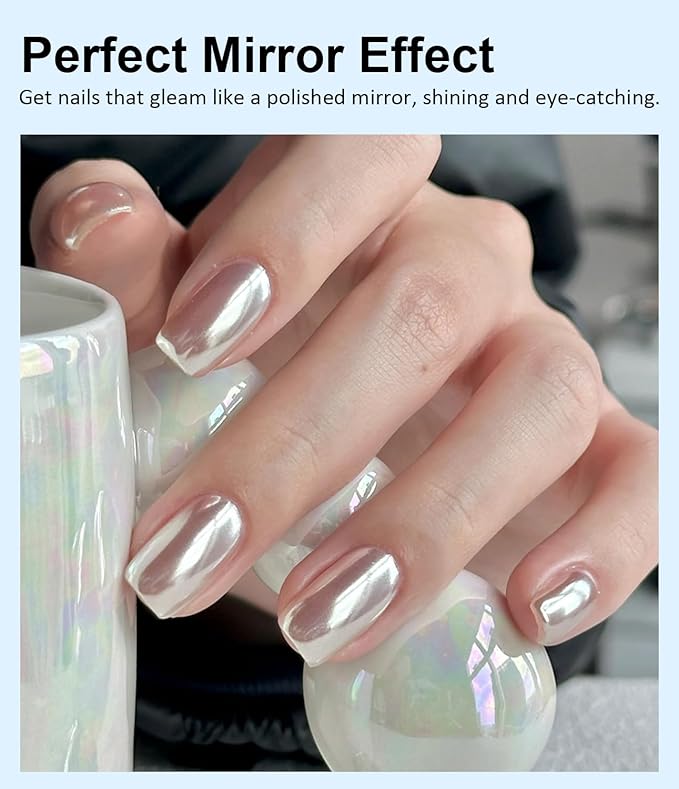 8Pcs Chrome Nail Powder BISHENGYF: Rose Gold Super Mirror Effect Nail Chrome Powder White Pearl Chrome Nail Powder with 1Pcs Silicone Nail Brush for Gel Nails DIY Gift for Women