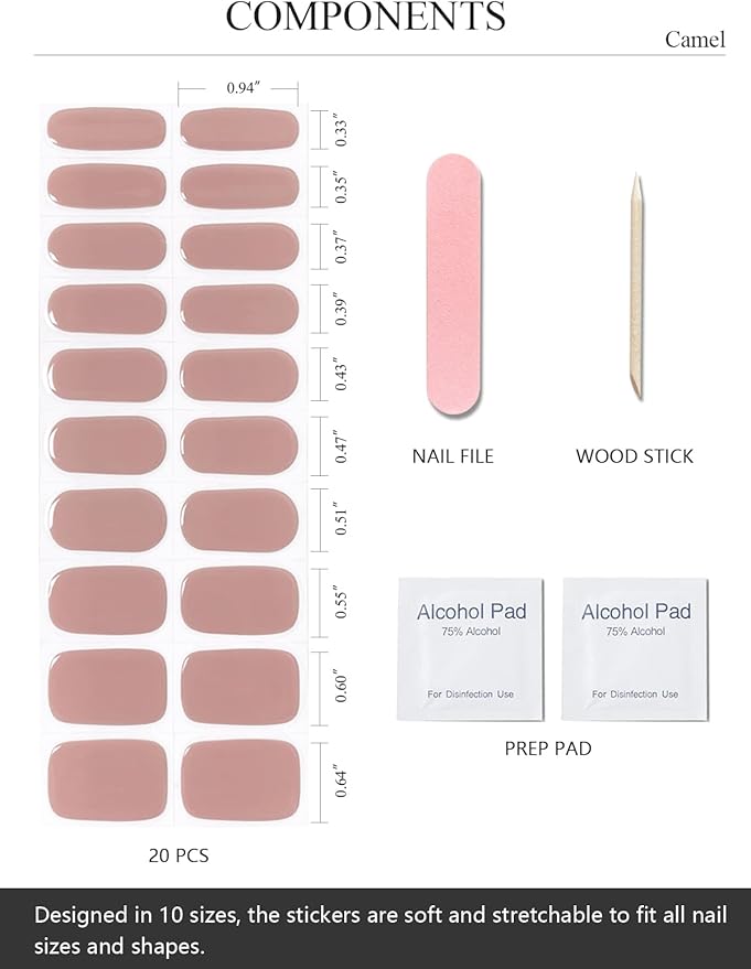 Semi Cured Gel Nail Strips (Camel), 20 Pcs Gel Nail Wraps, Stickers, Salon Quality, Long Lasting, Works With Any UV Lamps