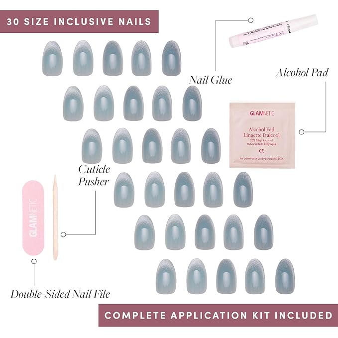 Glamnetic Press On Nails - Unicorn Tears Fake Nails | Short Oval, Misty-Grey Nails with a Mesmerizing Metallic Finish | 15 Sizes - 30 Nail Kit with Glue