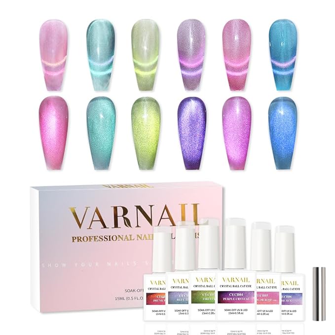 VARNAIL Crystal Cat Eye Gel Polish Set 6 Colors, 15ML Glitter Aurora Gel Polish with Magnet, Soak off UV Light Gel Nail Polish Set, Salon Quality Magnetic Gel Nail Polish