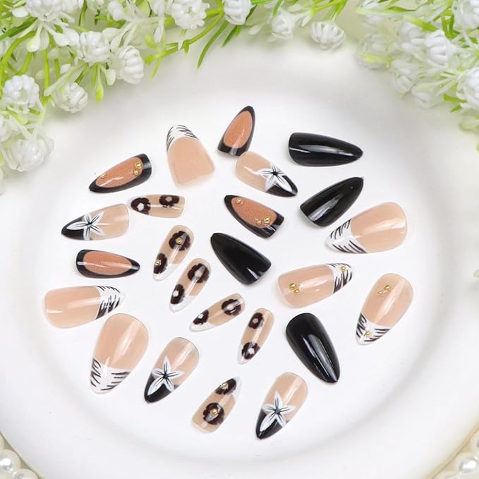 Press on Nails Short Almond Fake Nails with White Flower Stripe Golden Pearl Designs French Tip Nails Press ons Black Nude Glossy Acrylic Nail Winter Stick on Nail for Women 24 Pcs