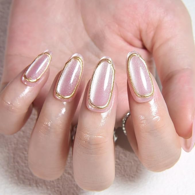 evpct Gold Line 3D Cat Eye Press On Nails Medium Almond with Designs, 3D Crystal Handmade Press on Nails for Women, Reusable Medium Almond Gel Acrylic Fake Nail Stick on Soft Nail Gold Tip