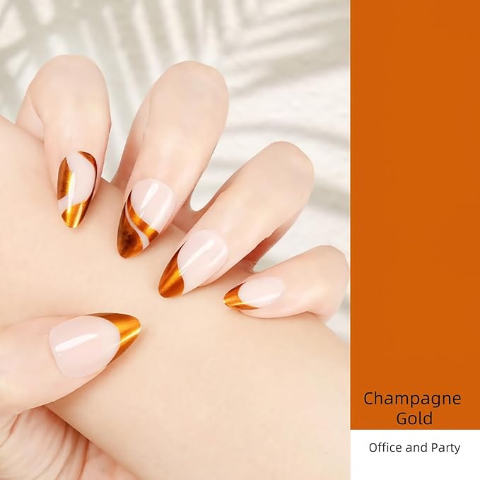 Press On Nails, Long Almond Shape, Gold Swirl Design, Nude & Metallic Finish, Reusable Fake Nails Set