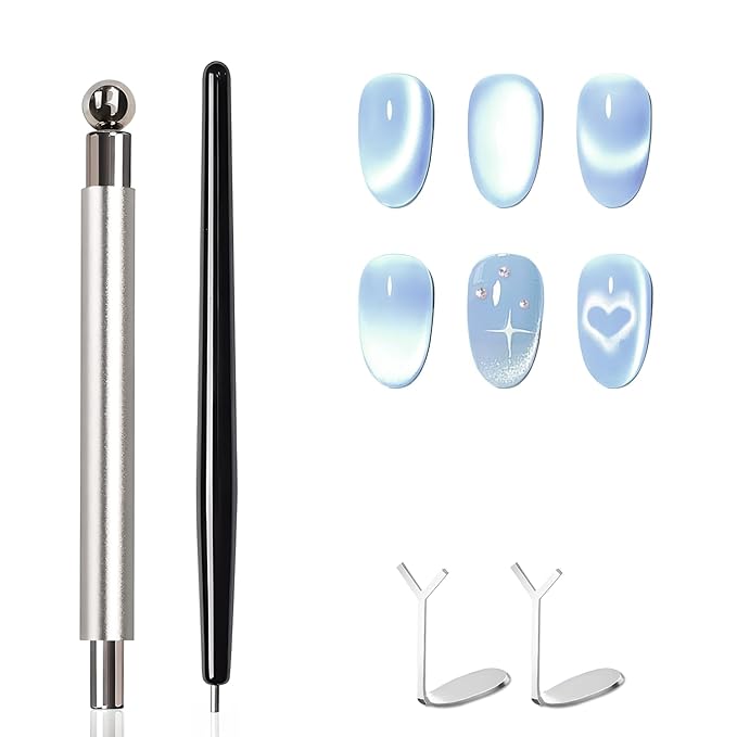 4-Piece Cat Eye Magnet Set – Silver Dual-Ended Nail Magnet With Round Bead, Heart Nail Magnets for Nail Art, and Black Magnetic Bead-Pickup Pen, Magnet for Cat Eye Gel Polish DIY Nail Designs