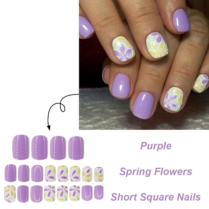 Press on Nails Square Short Purple Fake Nails Press ons Artificial Acrylic Nail Tips Kit Full Cover False Nails with Yellow Flowers Glossy Designs Stick on Nails for Women 24Pcs