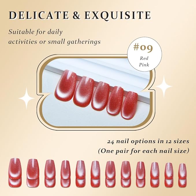 evpct Red Pink Cat Eye Coffin Press on Nails Square Medium, Medium Square Stick on Nail for Women Gift, Red Pink Metallic Glitter Glossy Reusable Summer Soft Gel Press on Acrylic Fake Nail with Design