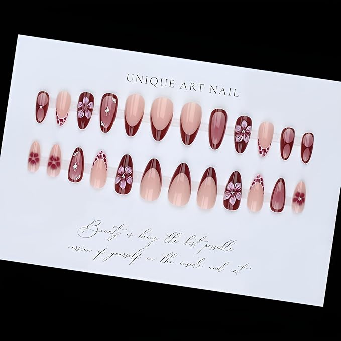 Flower Press on Nails Medium Almond Fake Nails French Tip Nails Press Ons Pink Flower False Nails with Rhinestones Design Glossy Stick on Nail Gradient Glue on Nail for Women Decorations 24Pcs