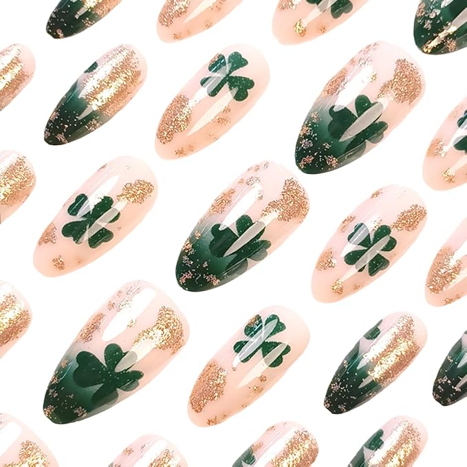 St. Patrick's Day Press on Nails - Short Almond Fake Nails Press ons with Shamrock Designs, Glossy Acrylic Nails Full Cover Glue on Nails for Women Manicure 24Pcs
