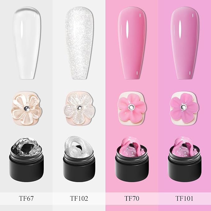 MEET ACROSS 9Pcs 3D Builder Gel Kit for Nail Art Pink White Sliver Non Sticky Hand Carving Extension Solid Builder Gel for Nails with Silicone Pen Manicure Kit 4 Colors