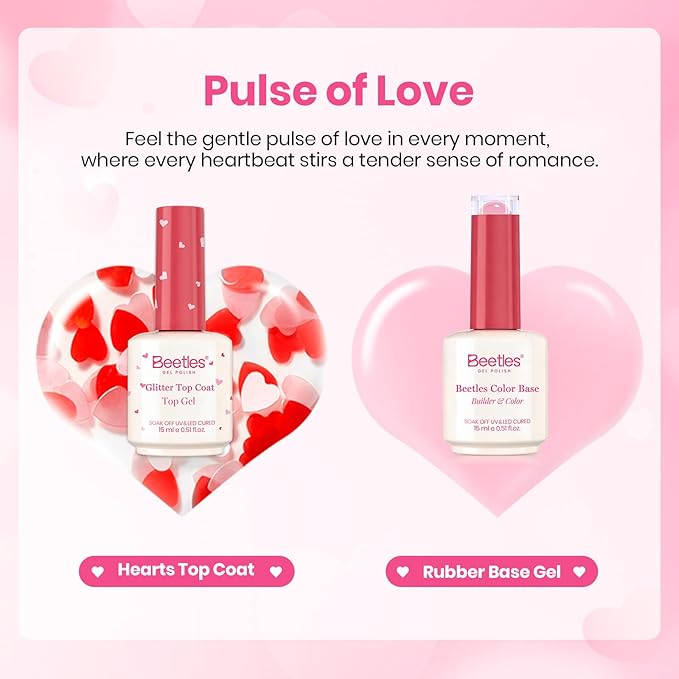 Beetles Heart Glitter Top Coat and Rubber Base Color Gel Polish Kit, Easy Heart & Glossy Shine Nail Art, Long Lasting Soak Off Manicure Spring Gift for Women