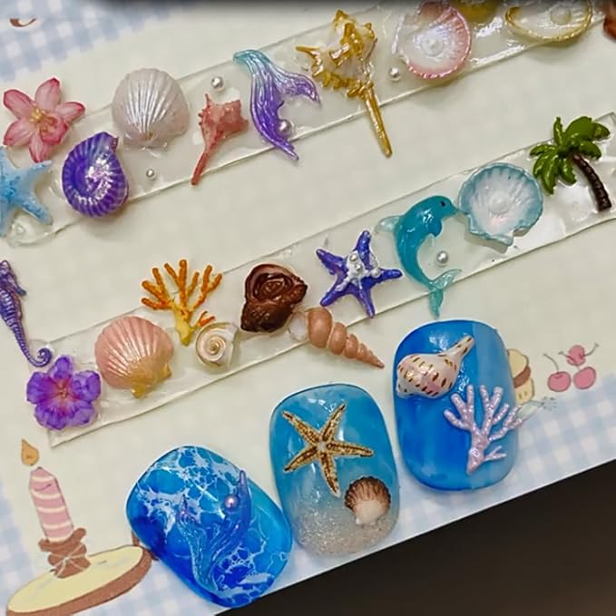 Sea Themed Silicone Nails Art Mold Set with Summer Seaside Shell Conch Starfish Coconut Tree Flower Designs 3D Template Carving Mold for Manicure Designs