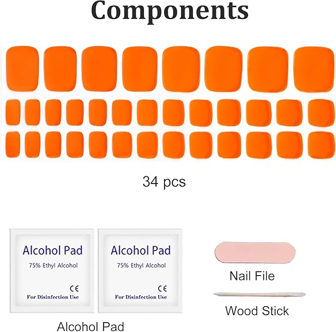 34 Pcs Semi Cured Gel Toe Nail Strips Orange Gel Nail Stickers Full Cover Orange Nails Wraps Self Adhesive Toe Nails Polish Strips Stickers for Women UV/LED Light Required