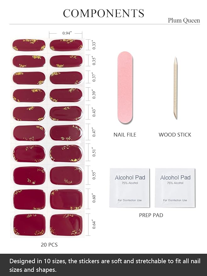 Semi Cured Gel Nail Strips (Plum Queen), Gold Foil, Deep Purple, 20 Pcs Gel Nail Wraps, Stickers, UV Light Required, Salon Quality, Long Lasting