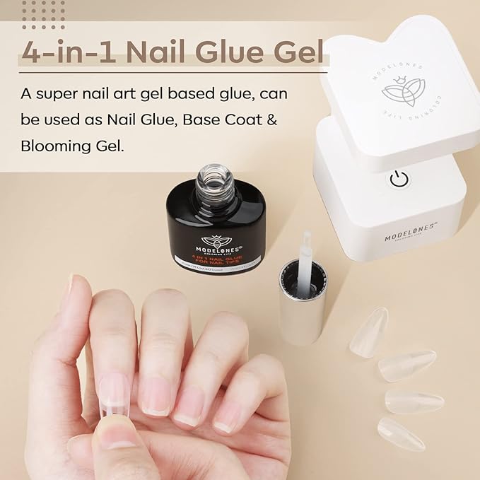 modelones Short Almond Nail Tips with 4 in 1 Nail Glue 15ml