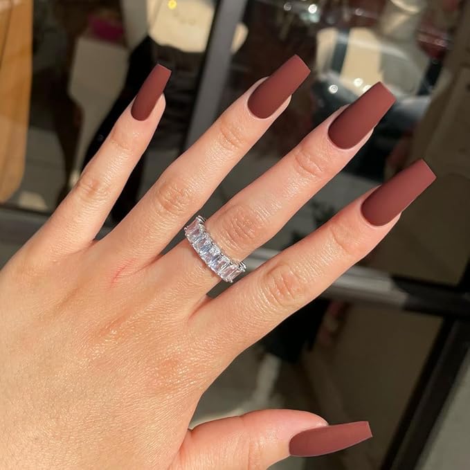 KQueenest Fall Press on Nails Long Medium Square, Matte Caramel Brown Fake Nails Medium Coffin, Opaque Sheer Color Acrylic Nails Press ons, Reusable Soft Gel Glue on Nails for Women DIY Manicure