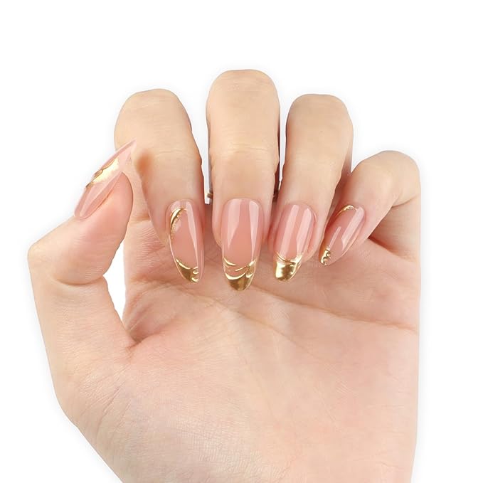3D Glod Line Press on Nails Medium Almond with Design, Nude Pink Glossy Press on Stick on Nails for Women Gift with Kit, Reusable Soft Gel Stick on Cute Fake Arcrylic Nail with Designs Perfectly Fit