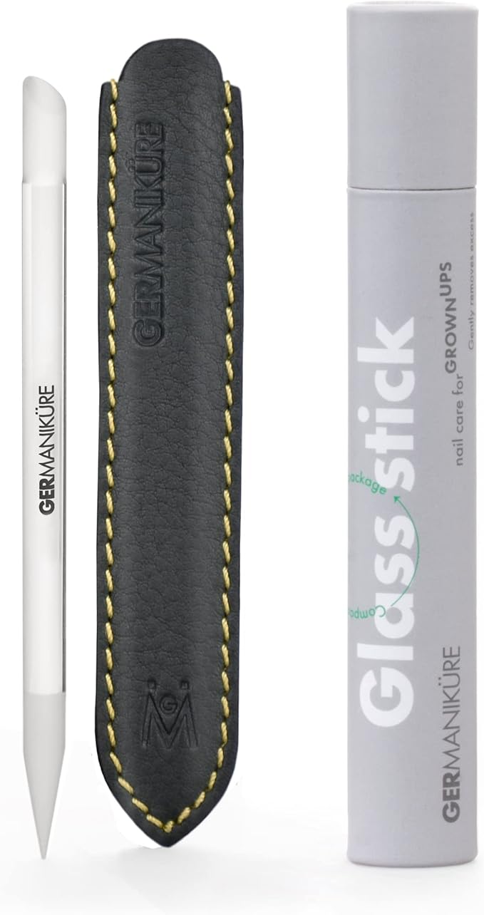 GERMANIKURE Clear Glass Cuticle Stick in Leather Sleeve - Ethically Made in Czech Republic - Cuticle Pusher & Remover, Callous & Dry Skin Fingertip File, Nail Shaper