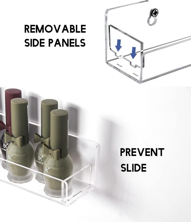 4 Pack Acrylic Nail Polish Rack Wall Mounted Shelf with Removable Anti-Slip End Inserts, Clear Nail Polish Holder Organizer Display Stand