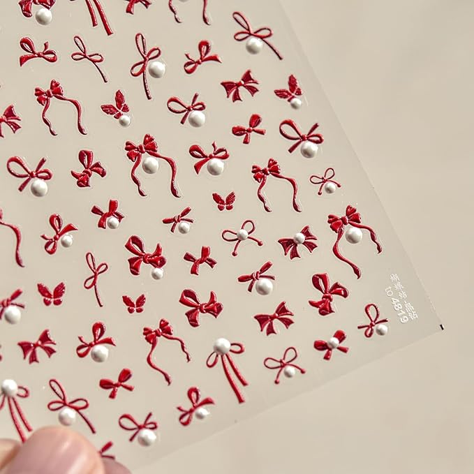 Embossed Bow Nail Art Stickers 5D Valentines Nail Decals with Pearl Design Cute Nail Stickers Self-Adhesive Red Butterfly Nail Accessories Valentines Stickers Supplies for Women Manicure Decor 1Sheet