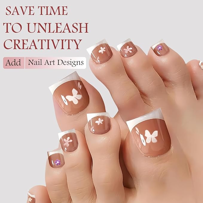 150pcs French Tip Press on Toenails Short Square, Brown Press On Nails White French Toe Nail Tips for Women, Soft Gel Fake Toe Nails, Acrylic Nails Soak off Nail Home DIY 15 Size