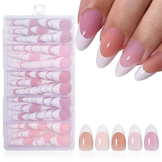 5Packs 150Pcs French Tip Press on Nails Medium Almond Fake Nails Glossy Acrylic False Nails Soft Gel Artificial Nails Glue on Nail for Women Girls Manicure Nail Art Decoration